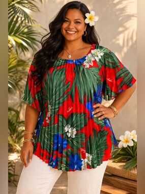 Royal Creations Vintage 70’s Accordian Floral Tropical Pleated Hawaiian Top